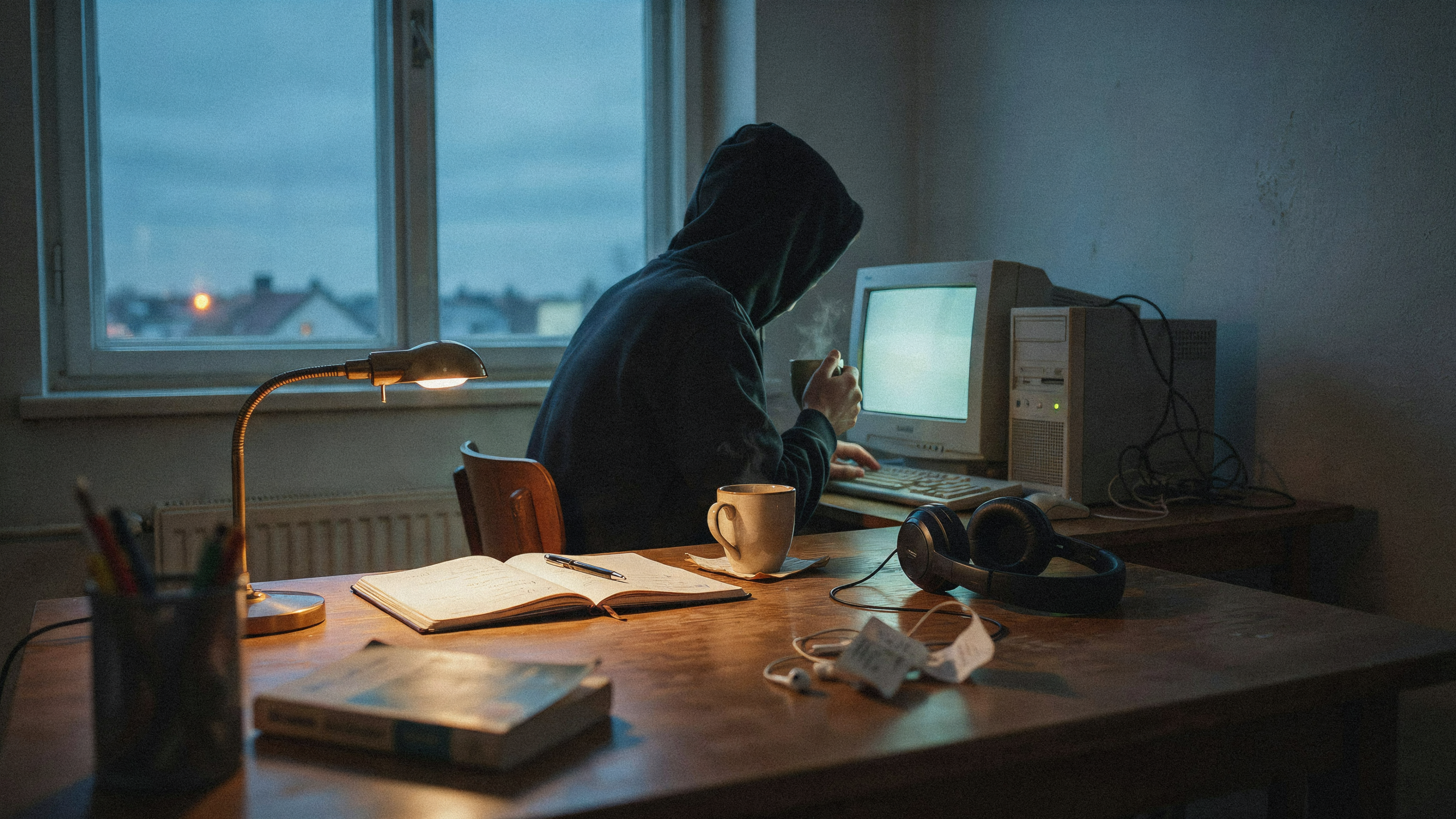 Auditeur écoutant une émission nocturne depuis un ordinateur