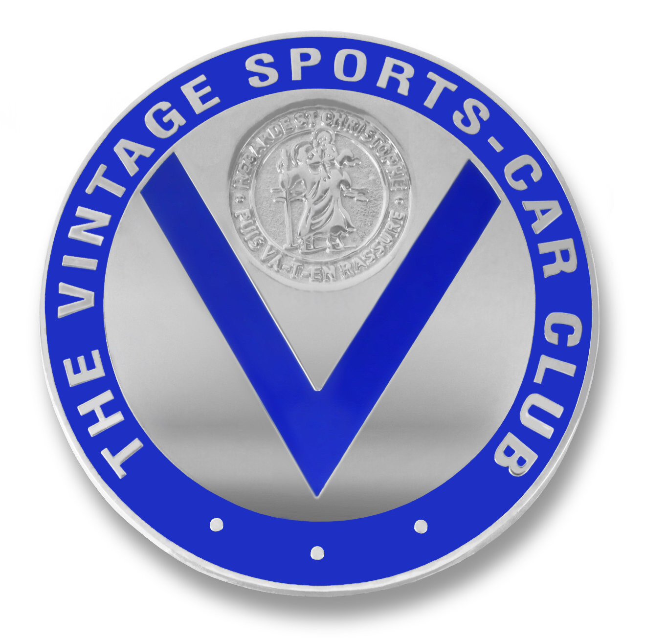 Logo of the " Vintage Sports-Car Club " ( English motorsport club reserved for cars from before 1940 ). The V of Vintage is surmounted by a bas relief representing Saint Christopher carrying the Christ Child and the phrase in French "Regarde Saint Christophe puis va-t-en rassuré" (Look at Saint Christopher then go away reassured).
